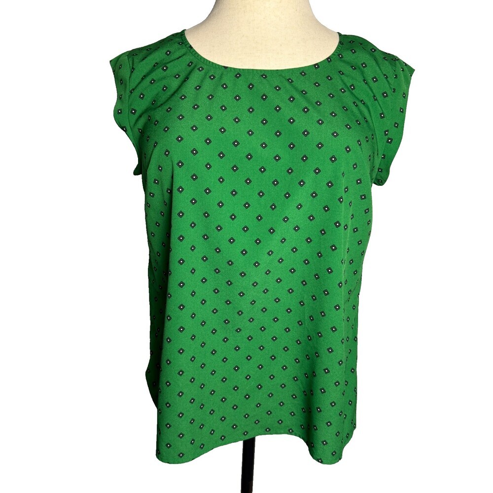 Merona Women's XL Cap Sleeve Blouse Kelly Green Blue Geometric Floral Print Top - Picture 1 of 13
